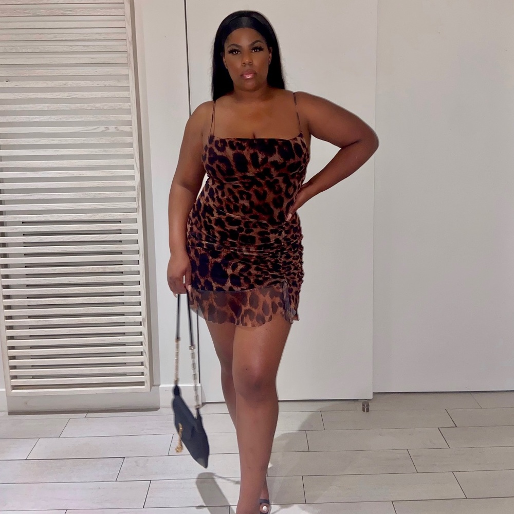 Brown Leopard Print Ruched Bodycon Dress